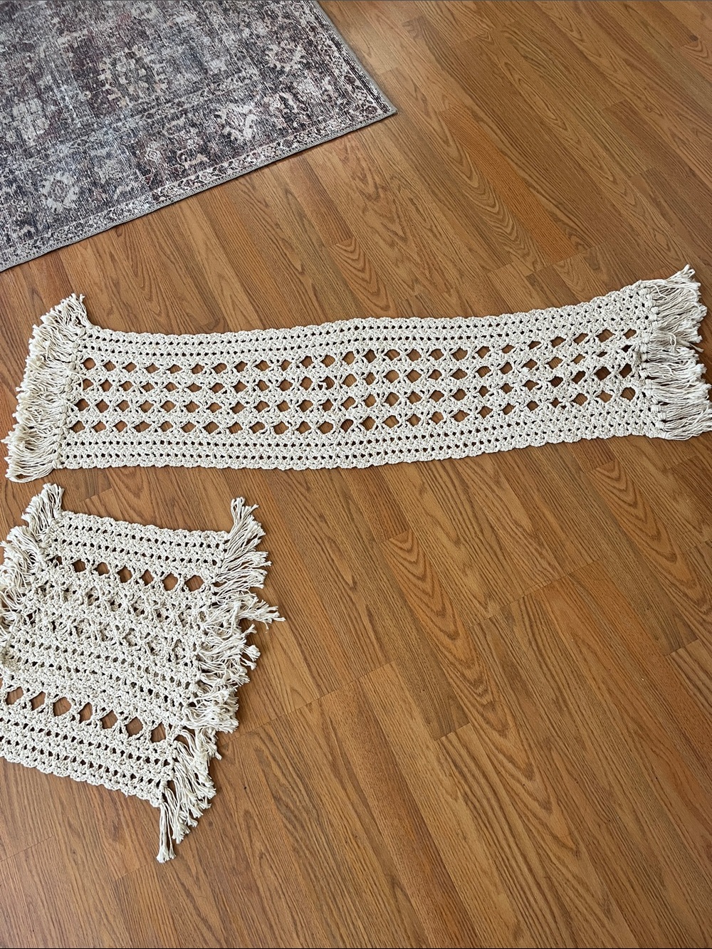 Crochet Tassel Table Runner & 2 placemats matching 53” x 12” handmade